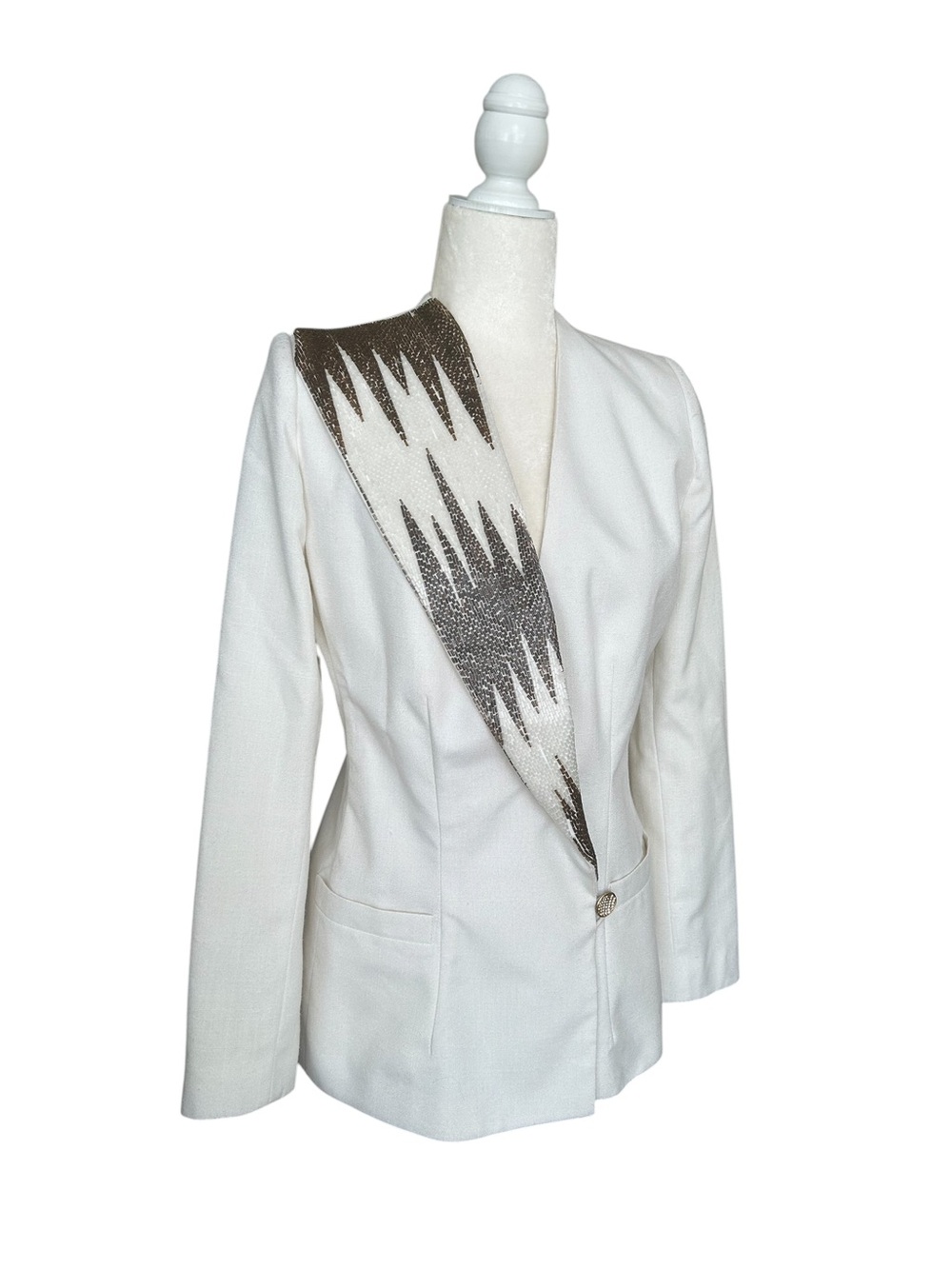 White Sequin Embellished Blazer Size Small | Elegant Statement Jacket - Picture 2 of 7